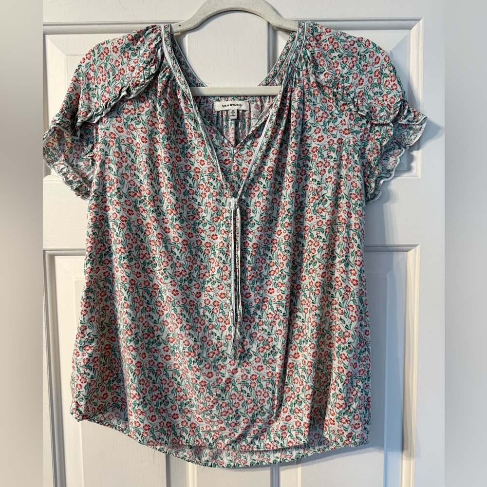 Max Studio Floral Tie-Neck Blouse in Mint and Coral